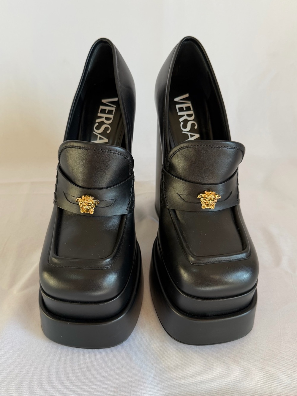 Versace Black Leather Platform Loafers with Gold Medusa Accent